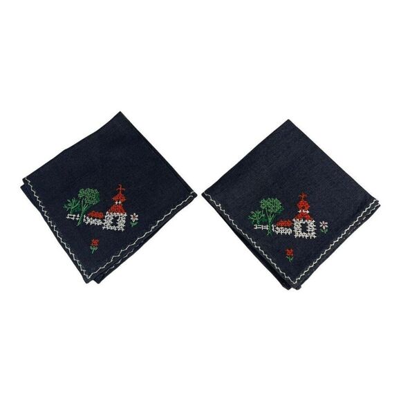Cross Stitch Chapel Set Of 2 Corner Church Chapel Mission VTG Cloth Napkin 11” - Picture 1 of 6